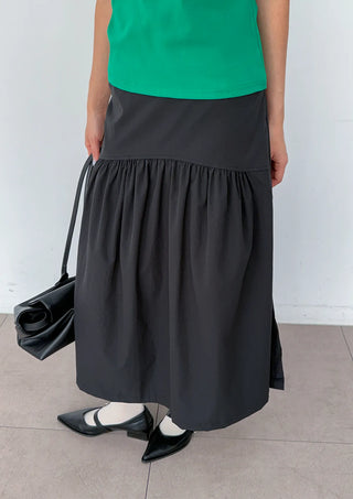 Andy Shirred Flare A-Line Body Shape Correction Long Cotton Skirt for Slim Waist and Wide Waist
