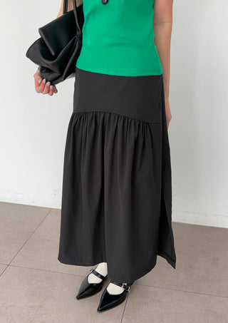 Andy Shirred Flare A-Line Body Shape Correction Long Cotton Skirt for Slim Waist and Wide Waist