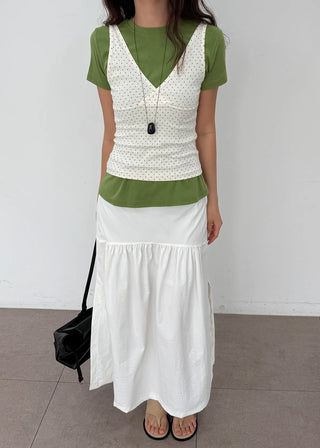 Andy Shirred Flare A-Line Body Shape Correction Long Cotton Skirt for Slim Waist and Wide Waist