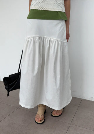 Andy Shirred Flare A-Line Body Shape Correction Long Cotton Skirt for Slim Waist and Wide Waist
