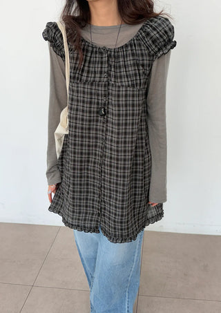 Herring Check Vintage Shirred Off-Shoulder Four-Season Shirt Button Spring Summer Mini Midi Frill Short Sleeve  Dress