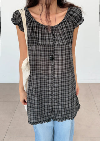 Herring Check Vintage Shirred Off-Shoulder Four-Season Shirt Button Spring Summer Mini Midi Frill Short Sleeve  Dress