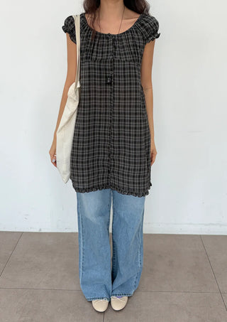 Herring Check Vintage Shirred Off-Shoulder Four-Season Shirt Button Spring Summer Mini Midi Frill Short Sleeve  Dress