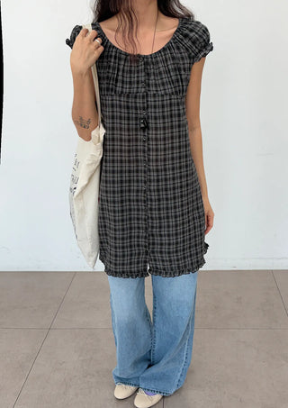 Herring Check Vintage Shirred Off-Shoulder Four-Season Shirt Button Spring Summer Mini Midi Frill Short Sleeve  Dress