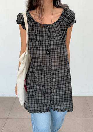 Herring Check Vintage Shirred Off-Shoulder Four-Season Shirt Button Spring Summer Mini Midi Frill Short Sleeve  Dress