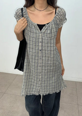 Herring Check Vintage Shirred Off-Shoulder Four-Season Shirt Button Spring Summer Mini Midi Frill Short Sleeve  Dress
