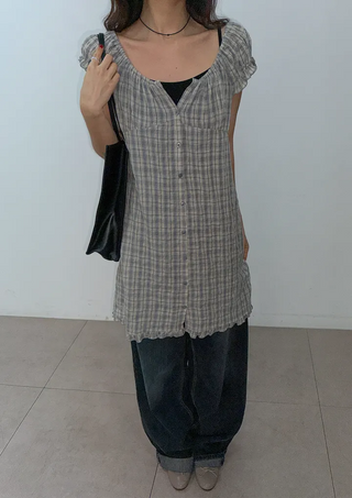 Herring Check Vintage Shirred Off-Shoulder Four-Season Shirt Button Spring Summer Mini Midi Frill Short Sleeve  Dress