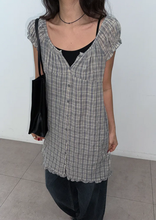 Herring Check Vintage Shirred Off-Shoulder Four-Season Shirt Button Spring Summer Mini Midi Frill Short Sleeve  Dress
