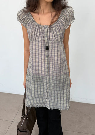 Herring Check Vintage Shirred Off-Shoulder Four-Season Shirt Button Spring Summer Mini Midi Frill Short Sleeve  Dress