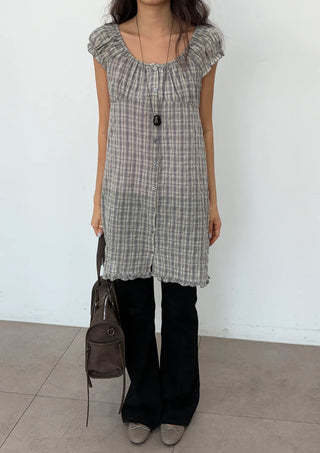 Herring Check Vintage Shirred Off-Shoulder Four-Season Shirt Button Spring Summer Mini Midi Frill Short Sleeve  Dress