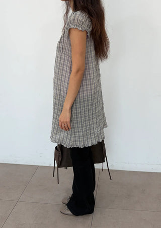 Herring Check Vintage Shirred Off-Shoulder Four-Season Shirt Button Spring Summer Mini Midi Frill Short Sleeve  Dress