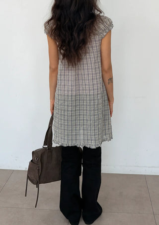 Herring Check Vintage Shirred Off-Shoulder Four-Season Shirt Button Spring Summer Mini Midi Frill Short Sleeve  Dress