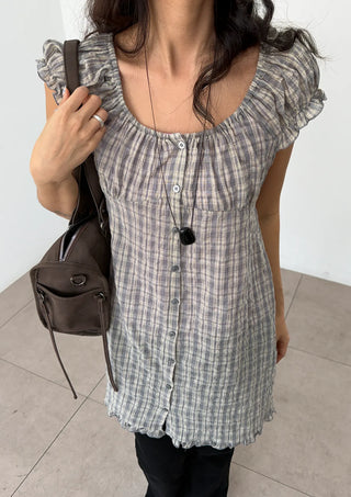 Herring Check Vintage Shirred Off-Shoulder Four-Season Shirt Button Spring Summer Mini Midi Frill Short Sleeve  Dress