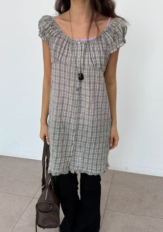 Herring Check Vintage Shirred Off-Shoulder Four-Season Shirt Button Spring Summer Mini Midi Frill Short Sleeve  Dress