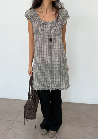 Herring Check Vintage Shirred Off-Shoulder Four-Season Shirt Button Spring Summer Mini Midi Frill Short Sleeve  Dress