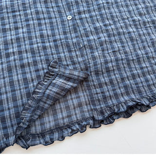 Herring Check Vintage Shirred Off-Shoulder Four-Season Shirt Button Spring Summer Mini Midi Frill Short Sleeve  Dress