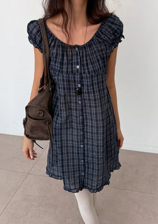 Herring Check Vintage Shirred Off-Shoulder Four-Season Shirt Button Spring Summer Mini Midi Frill Short Sleeve  Dress