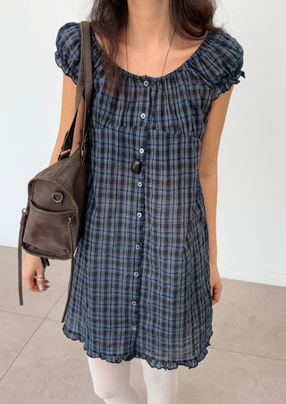 Herring Check Vintage Shirred Off-Shoulder Four-Season Shirt Button Spring Summer Mini Midi Frill Short Sleeve  Dress