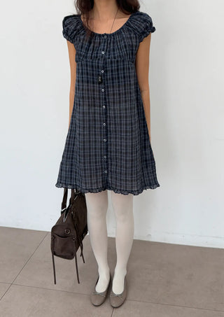 Herring Check Vintage Shirred Off-Shoulder Four-Season Shirt Button Spring Summer Mini Midi Frill Short Sleeve  Dress