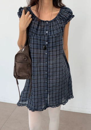 Herring Check Vintage Shirred Off-Shoulder Four-Season Shirt Button Spring Summer Mini Midi Frill Short Sleeve  Dress