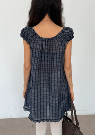 Herring Check Vintage Shirred Off-Shoulder Four-Season Shirt Button Spring Summer Mini Midi Frill Short Sleeve  Dress