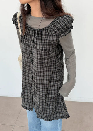 Herring Check Vintage Shirred Off-Shoulder Four-Season Shirt Button Spring Summer Mini Midi Frill Short Sleeve  Dress