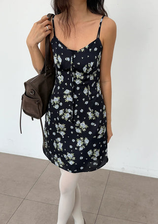 Floral V-Neck Bustier Sleeveless Slim Flare A-Line Mini Dress