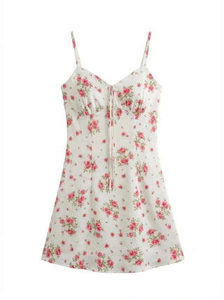 Floral V-Neck Bustier Sleeveless Slim Flare A-Line Mini Dress