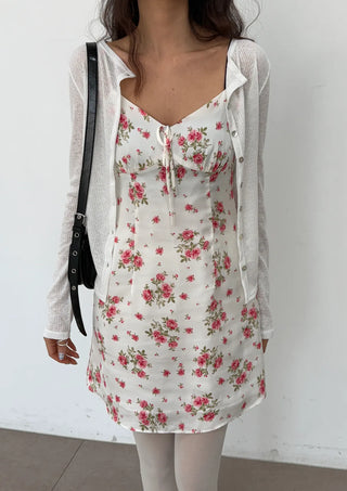 Floral V-Neck Bustier Sleeveless Slim Flare A-Line Mini Dress