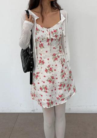 Floral V-Neck Bustier Sleeveless Slim Flare A-Line Mini Dress