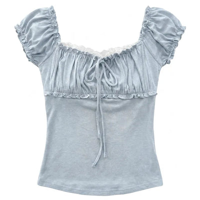 Hari Lace Shirring Off-shoulder Puff Layered Short Sleeve Ribbon Comfortable Vintage Semi-Crop Summer  Short Sleeve T-shirt