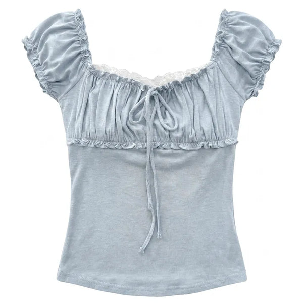 Hari Lace Shirring Off-shoulder Puff Layered Short Sleeve Ribbon Comfortable Vintage Semi-Crop Summer  Short Sleeve T-shirt