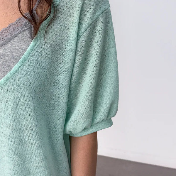 Today Layered Loose Fit See-through Mint Core Shirred U-Neck Short Sleeve Knit