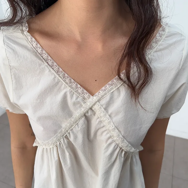 Nelly V-neck Shirred Puff Lace Vintage Summer Korean Short Sleeve Blouse