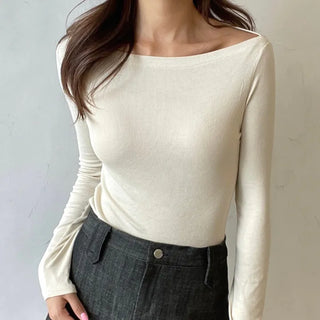 Boat Neck Lip Neck Daily Stretchy Long Sleeve T-shirt