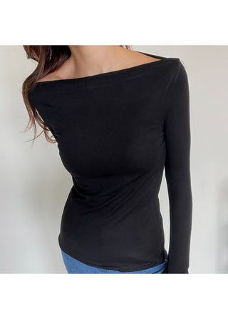 Boat Neck Lip Neck Daily Stretchy Long Sleeve T-shirt