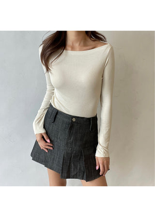 Boat Neck Lip Neck Daily Stretchy Long Sleeve T-shirt