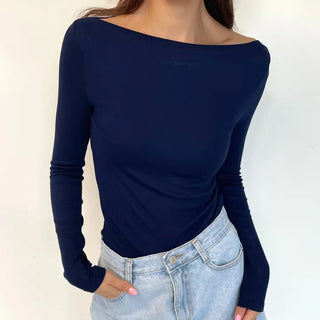 Boat Neck Lip Neck Daily Stretchy Long Sleeve T-shirt