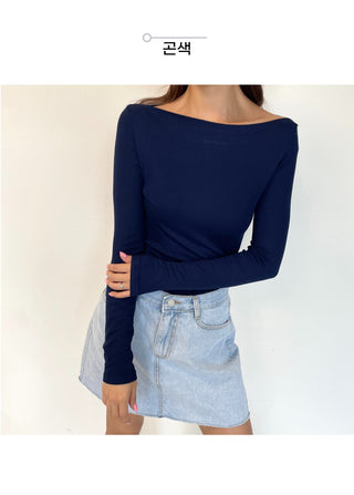 Boat Neck Lip Neck Daily Stretchy Long Sleeve T-shirt