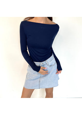 Boat Neck Lip Neck Daily Stretchy Long Sleeve T-shirt