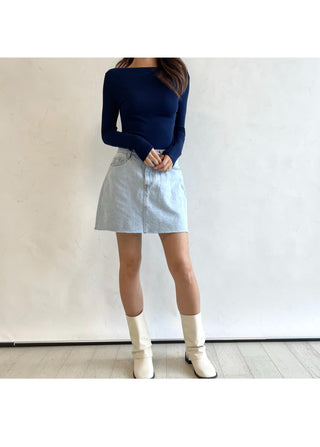 Boat Neck Lip Neck Daily Stretchy Long Sleeve T-shirt