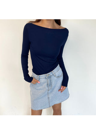 Boat Neck Lip Neck Daily Stretchy Long Sleeve T-shirt
