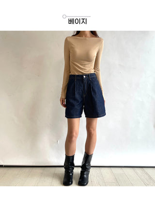 Boat Neck Lip Neck Daily Stretchy Long Sleeve T-shirt