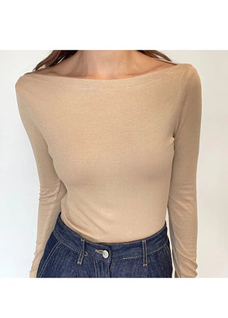 Boat Neck Lip Neck Daily Stretchy Long Sleeve T-shirt