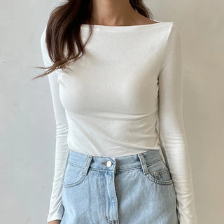 Boat Neck Lip Neck Daily Stretchy Long Sleeve T-shirt