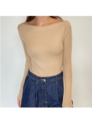 Boat Neck Lip Neck Daily Stretchy Long Sleeve T-shirt