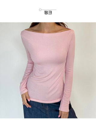 Boat Neck Lip Neck Daily Stretchy Long Sleeve T-shirt