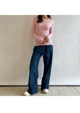 Boat Neck Lip Neck Daily Stretchy Long Sleeve T-shirt