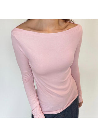 Boat Neck Lip Neck Daily Stretchy Long Sleeve T-shirt