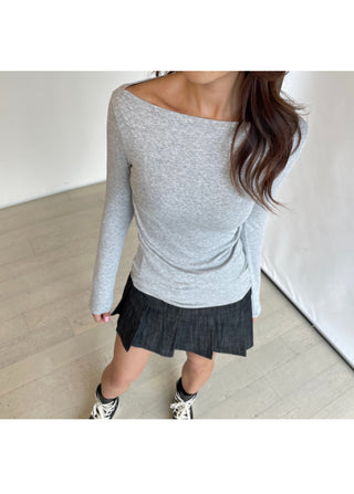 Boat Neck Lip Neck Daily Stretchy Long Sleeve T-shirt